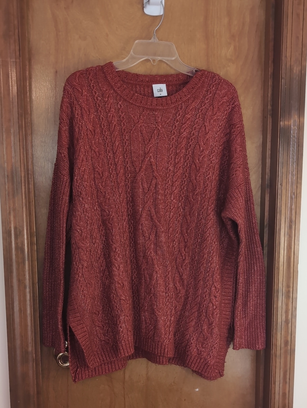 CAbi rust cable-knit crewneck sweater